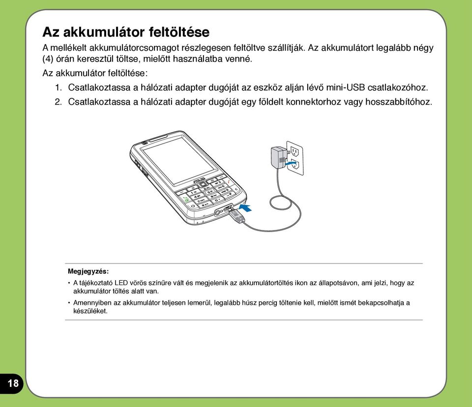 Csatlakoztassa a hálózati adapter dugóját az eszköz alján lévő mini-usb csatlakozóhoz. 2.
