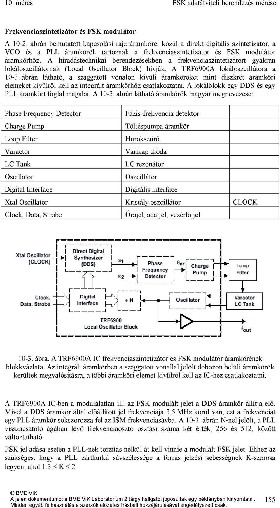 A híradástechnikai berendezésekben a frekvenciaszintetizátort gyakran lokáloszcillátornak (Local Oscillator Block) hívják. A TRF6900A lokáloszcillátora a 10-3.