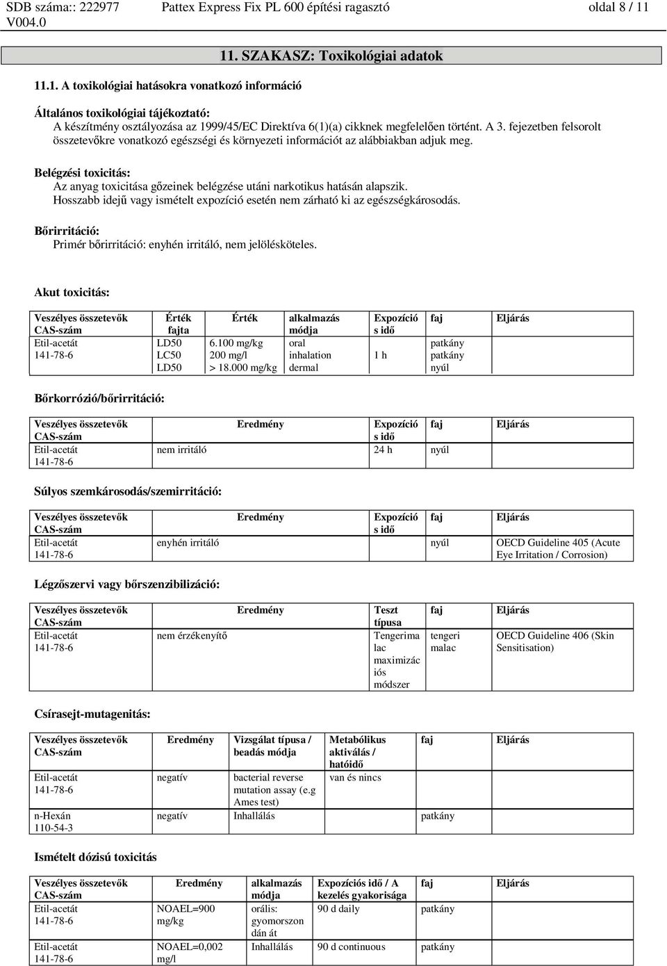 fejezetben felsorolt összetev kre vonatkozó egészségi és környezeti információt az alábbiakban adjuk meg. Belégzési toxicitás: Az anyag toxicitása g zeinek belégzése utáni narkotikus hatásán alapszik.