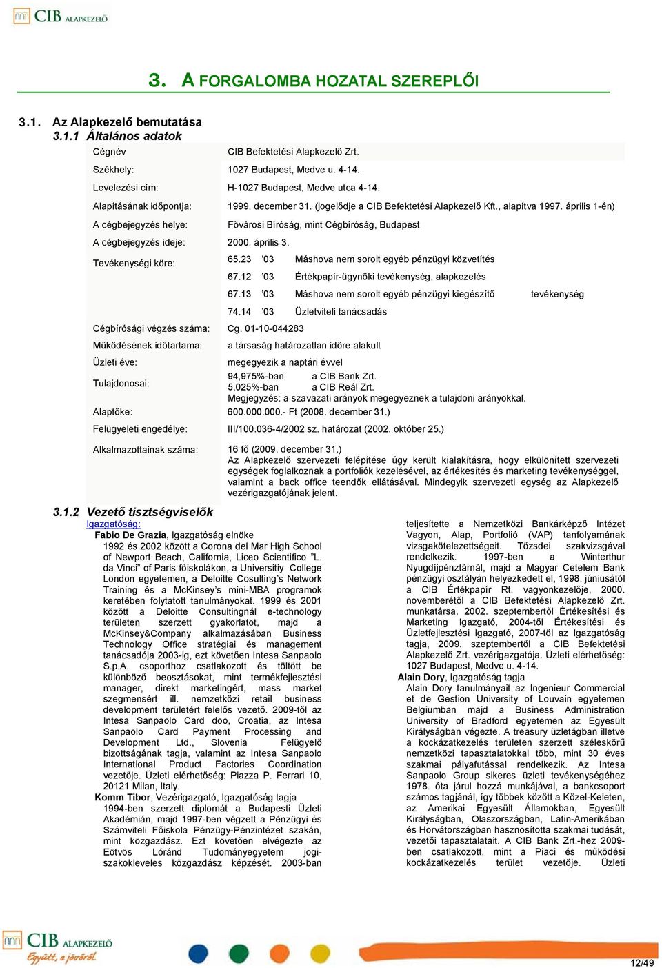 0110044283 Működésének időtartama: Üzleti éve: Tulajdonosai: 1999. december 31. (jogelődje a CIB Befektetési Alapkezelő Kft., alapítva 1997.