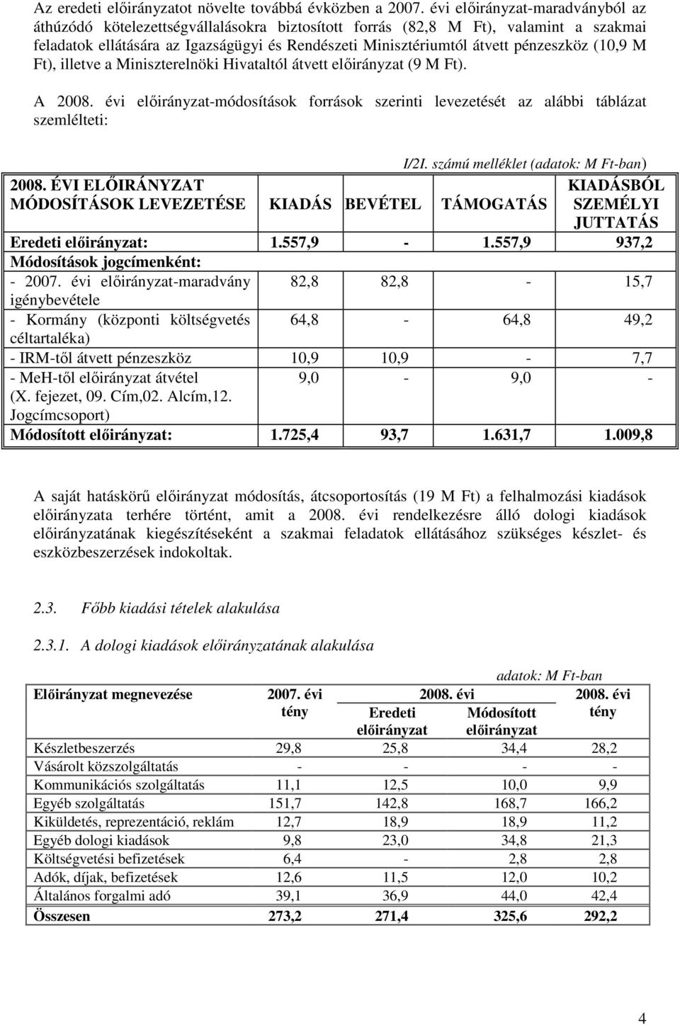 pénzeszköz (10,9 M Ft), illetve a Miniszterelnöki Hivataltól átvett elıirányzat (9 M Ft). A 2008. évi elıirányzat-módosítások források szerinti levezetését az alábbi táblázat szemlélteti: I/2I.