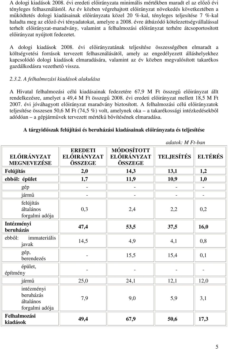 a 2008. évre áthúzódó kötelezettségvállalással terhelt elıirányzat-maradvány, valamint a felhalmozási elıirányzat terhére átcsoportosított elıirányzat nyújtott fedezetet. A dologi kiadások 2008.