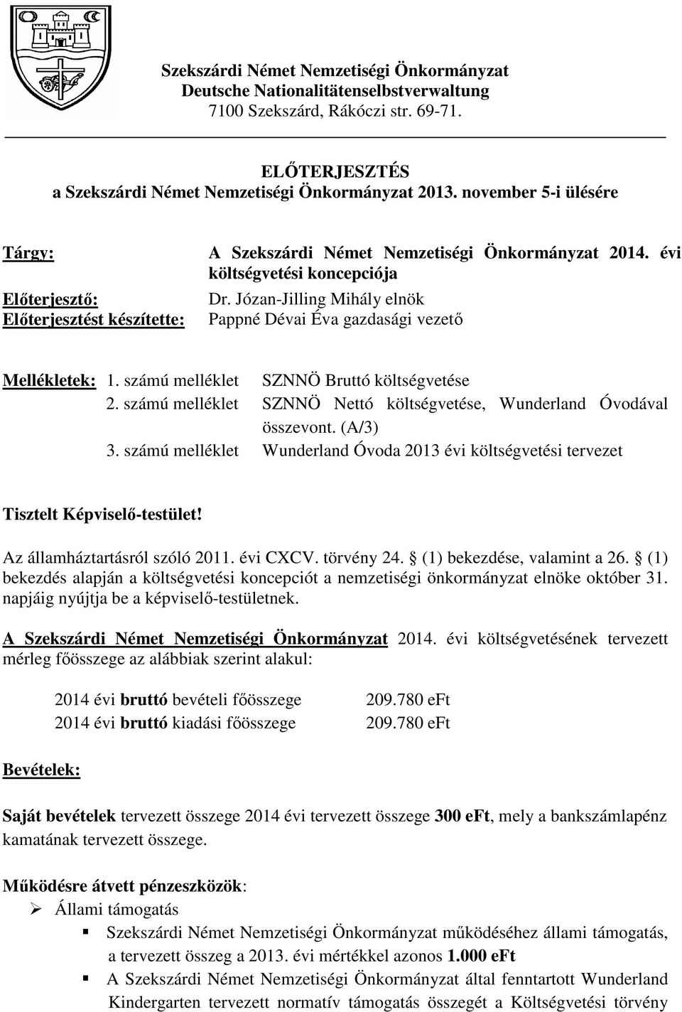 Józan-Jilling Mihály elnök Pappné Dévai Éva gazdasági vezetı Mellékletek: 1. számú melléklet SZNNÖ Bruttó költségvetése 2. számú melléklet SZNNÖ Nettó költségvetése, Wunderland Óvodával összevont.