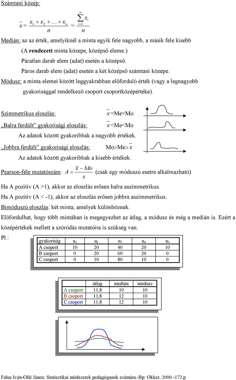 Szmmetrkus eloszlás: x =Me=Mo Balra ferdült gyakorság eloszlás: x <Me<Mo Az adatok között gyakorbbak a agyobb értékek.