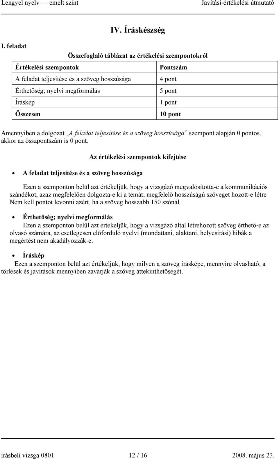 Összesen 10 pont Amennyiben a dolgozat A feladat teljesítése és a szöveg hosszúsága szempont alapján 0 pontos, akkor az összpontszám is 0 pont.