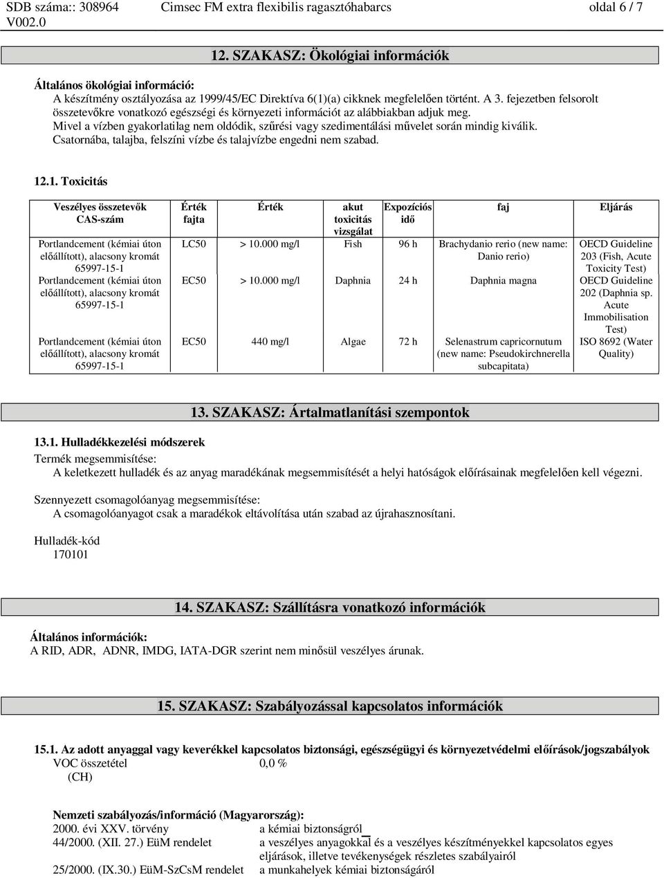 fejezetben felsorolt összetev kre vonatkozó egészségi és környezeti információt az alábbiakban adjuk meg.