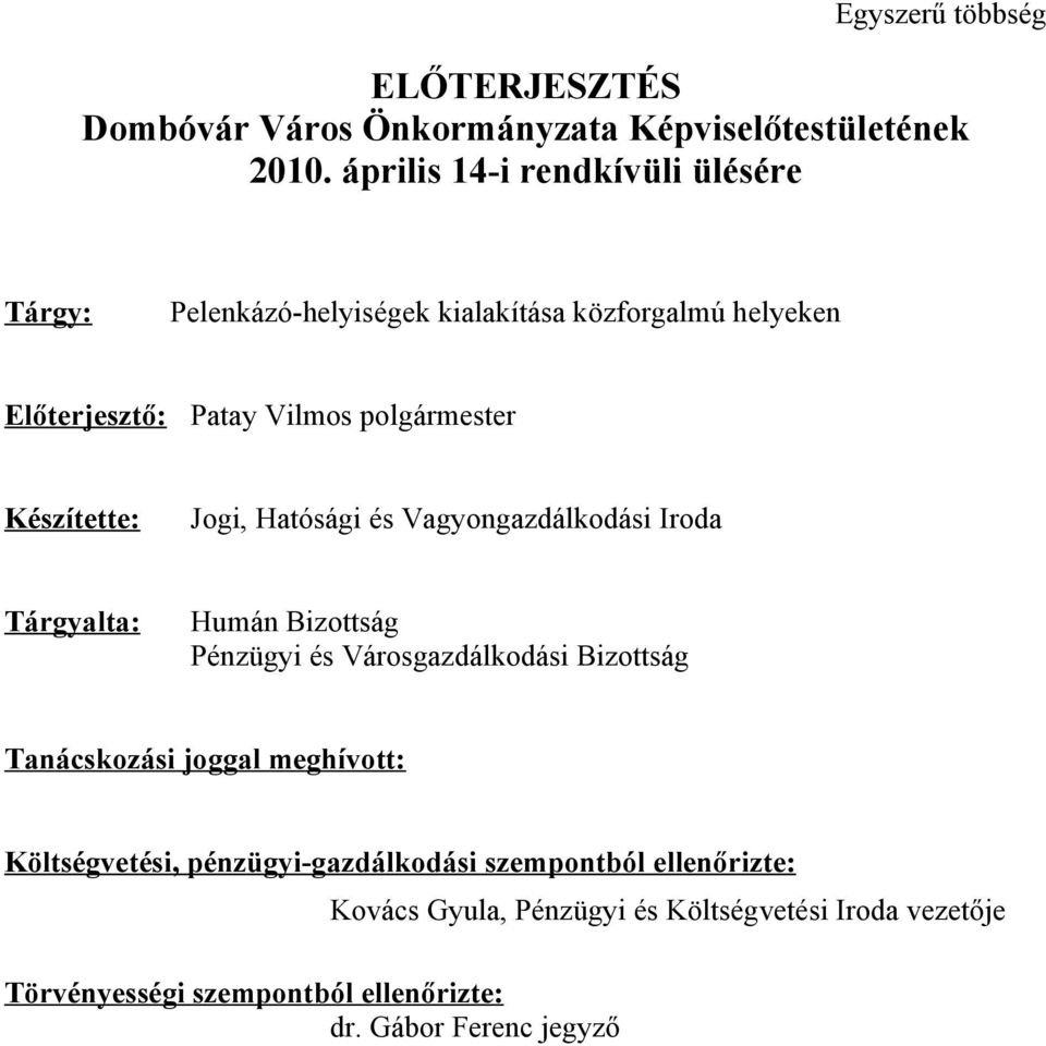 Készítette: Jogi, Hatósági és Vagyongazdálkodási Iroda Tárgyalta: Humán Bizottság Pénzügyi és Városgazdálkodási Bizottság Tanácskozási