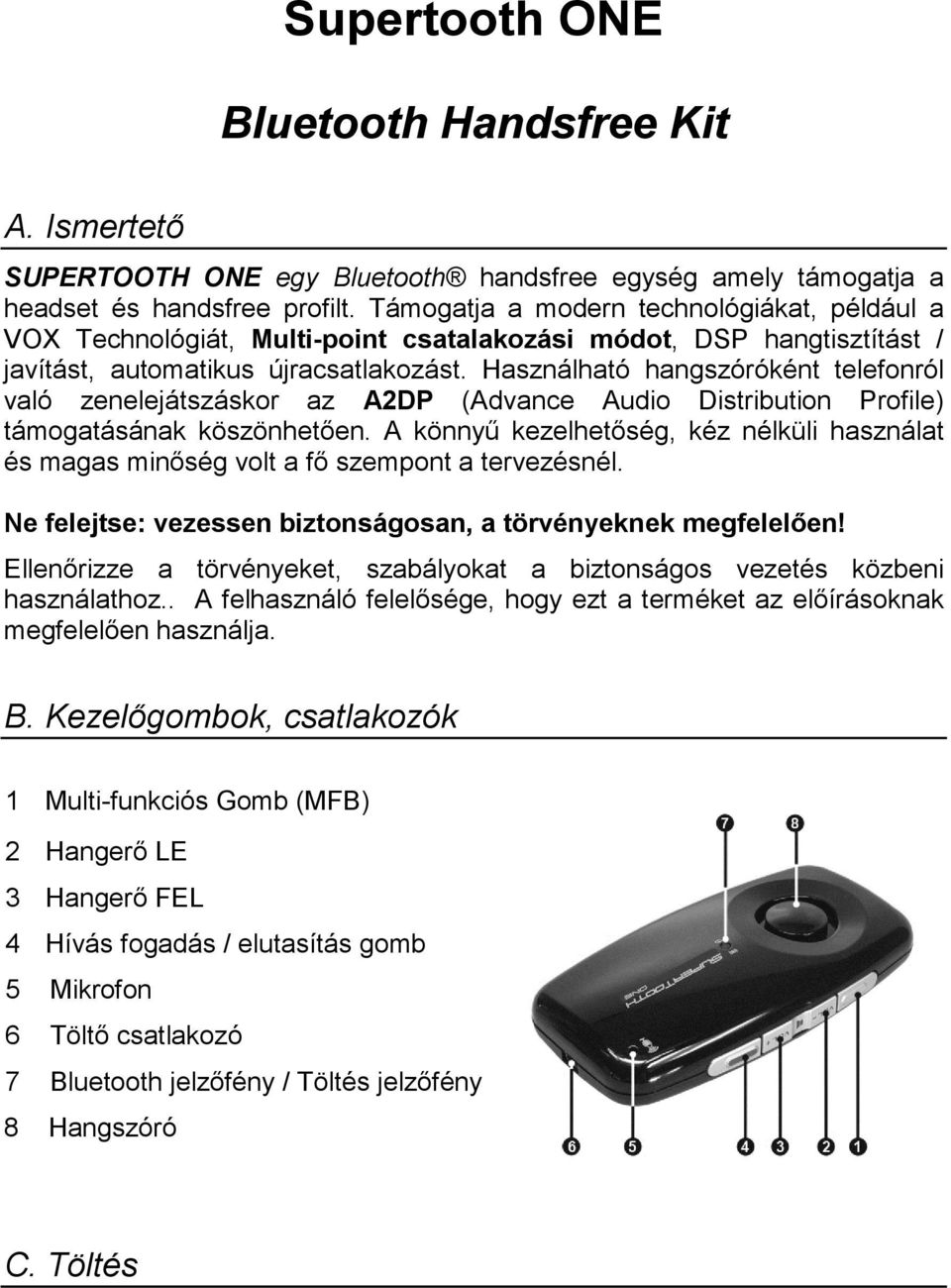 Használható hangszóróként telefonról való zenelejátszáskor az A2DP (Advance Audio Distribution Profile) támogatásának köszönhetően.