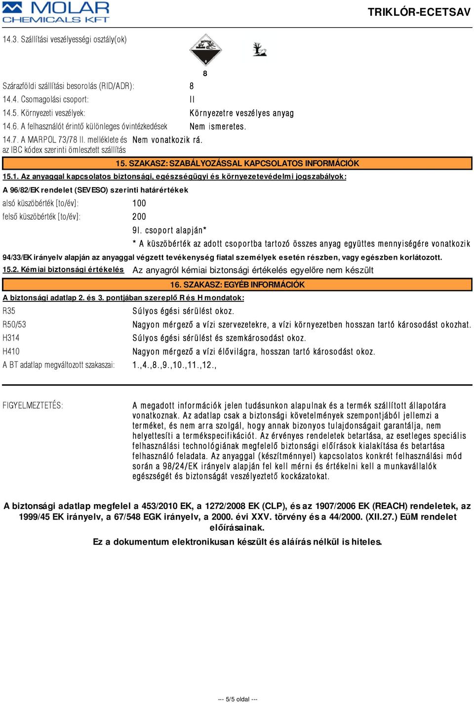 SZAKASZ: SZABÁLYOZÁSSAL KAPCSOLATOS INFORMÁCIÓK 15