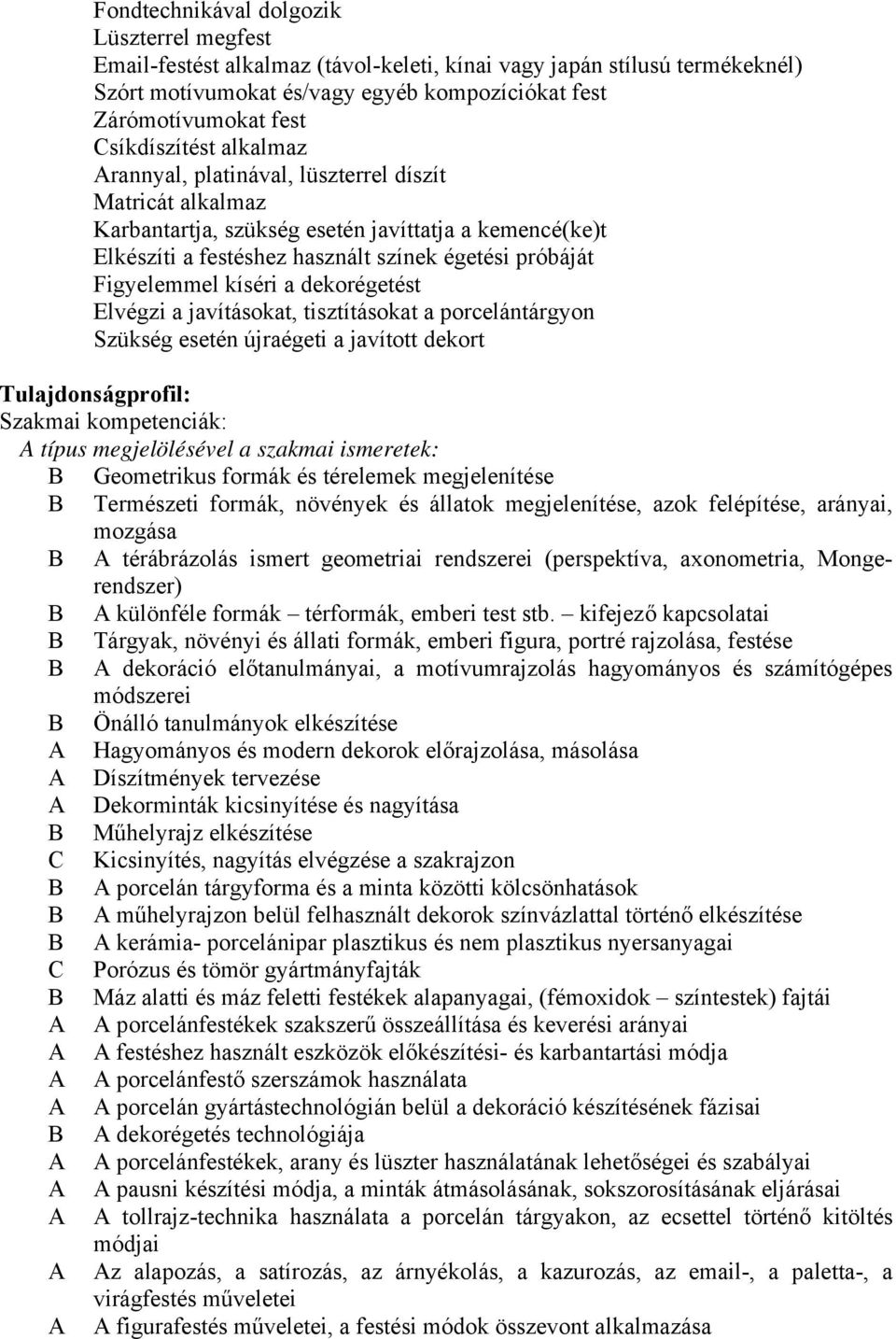 Figyelemmel kíséri a dekorégetést Elvégzi a javításokat, tisztításokat a porcelántárgyon Szükség esetén újraégeti a javított dekort Tulajdonságprofil: Szakmai kompetenciák: A típus megjelölésével a