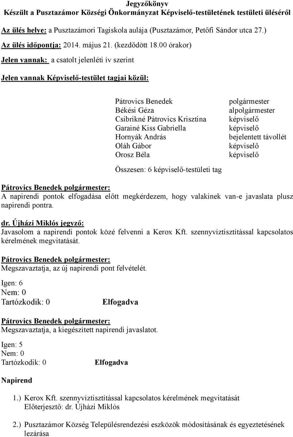 00 órakor) Jelen vannak: a csatolt jelenléti ív szerint Jelen vannak Képviselő-testület tagjai közül: Pátrovics Benedek Békési Géza Csibrikné Pátrovics Krisztina Garainé Kiss Gabriella Hornyák András