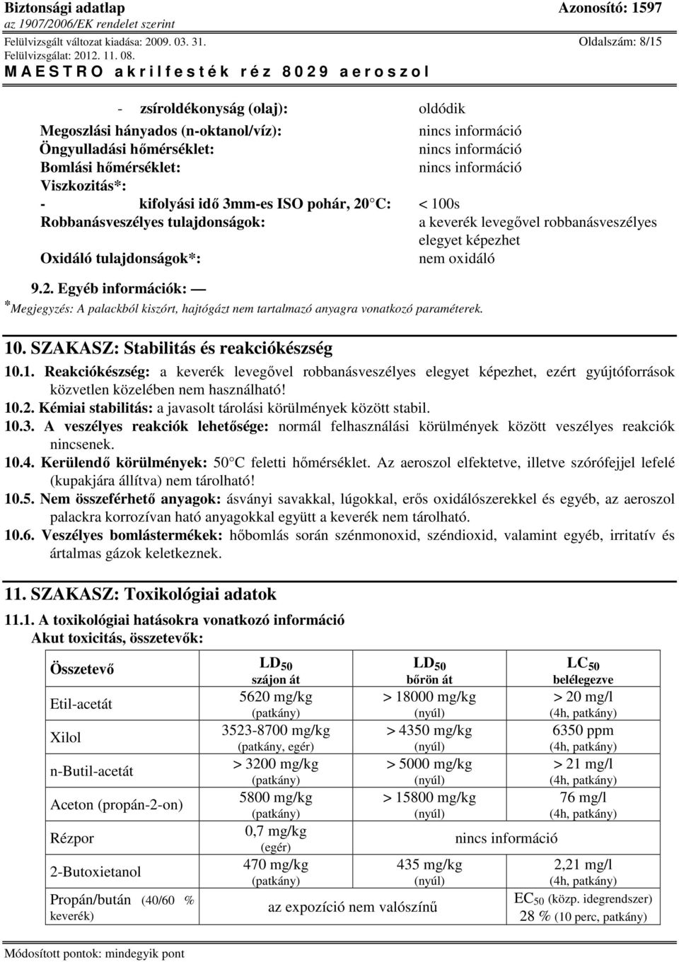 Robbanásveszélyes tulajdonságok: a keverék levegıvel robbanásveszélyes elegyet képezhet Oxidáló tulajdonságok*: nem oxidáló 9.2.