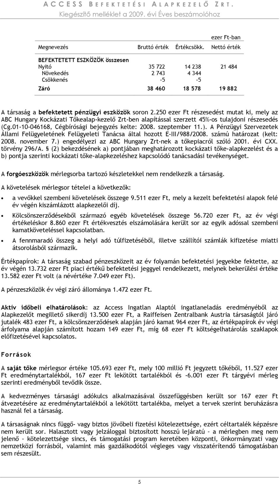 250 ezer Ft részesedést mutat ki, mely az ABC Hungary Kockázati Tıkealap-kezelı Zrt-ben alapítással szerzett 45%-os tulajdoni részesedés (Cg.01-10-046168, Cégbírósági bejegyzés kelte: 2008.