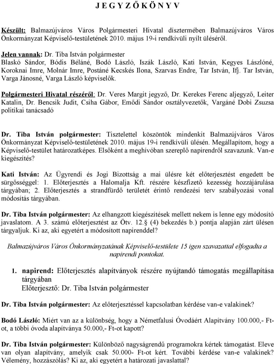 Tiba István polgármester Blaskó Sándor, Bódis Béláné, Bodó László, Iszák László, Kati István, Kegyes Lászlóné, Koroknai Imre, Molnár Imre, Postáné Kecskés Ilona, Szarvas Endre, Tar István, Ifj.