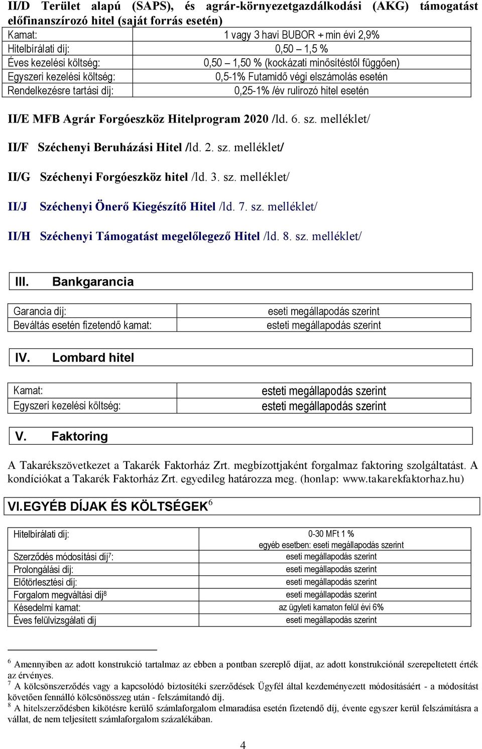 /ld. 6. sz. melléklet/ II/F Széchenyi Beruházási Hitel /ld. 2. sz. melléklet/ II/G Széchenyi Forgóeszköz hitel /ld. 3. sz. melléklet/ II/J Széchenyi Önerő Kiegészítő Hitel /ld. 7. sz. melléklet/ II/H Széchenyi Támogatást megelőlegező Hitel /ld.