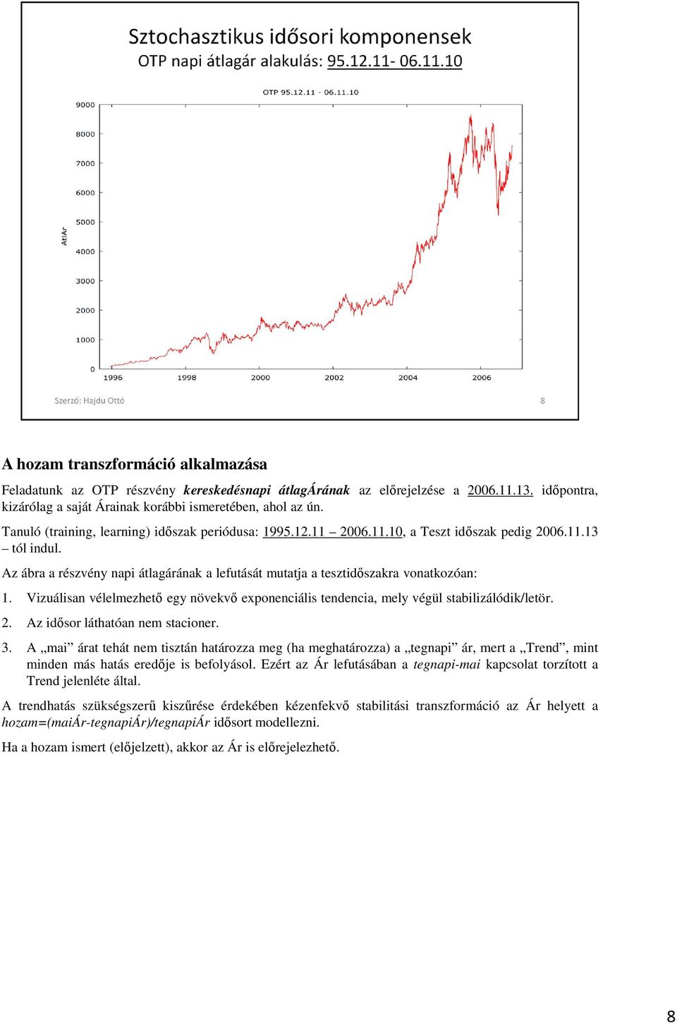 Az ábra a részvény napi átlagárának a lefutását mutatja a tesztidőszakra vonatkozóan: 1. Vizuálisan vélelmezhető egy növekvő exponenciális tendencia, mely végül stabilizálódik/letör. 2.