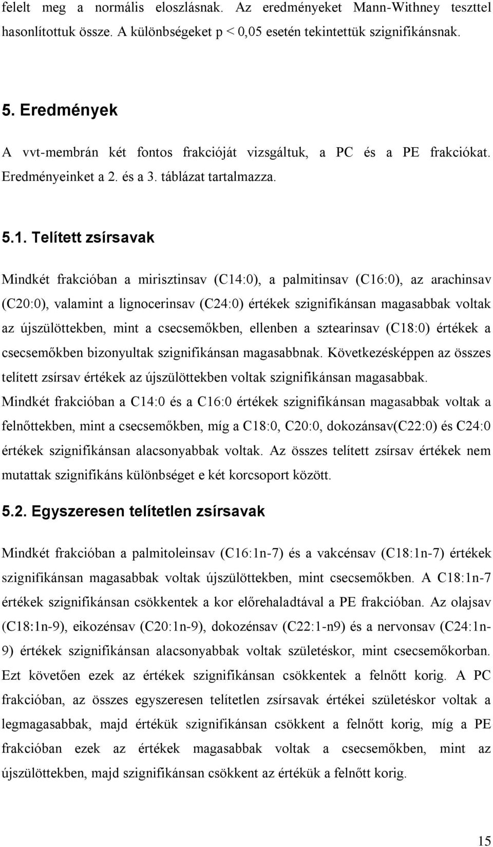 Telített zsírsavak Mindkét frakcióban a mirisztinsav (C14:0), a palmitinsav (C16:0), az arachinsav (C20:0), valamint a lignocerinsav (C24:0) értékek szignifikánsan magasabbak voltak az