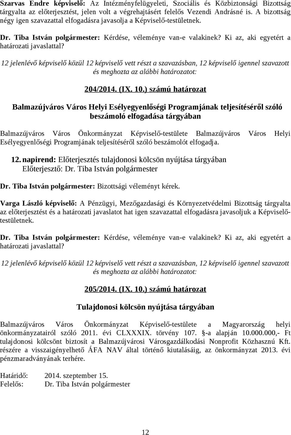 12 jelenlévő képviselő közül 12 képviselő vett részt a szavazásban, 12 képviselő igennel szavazott 204/2014. (IX. 10.