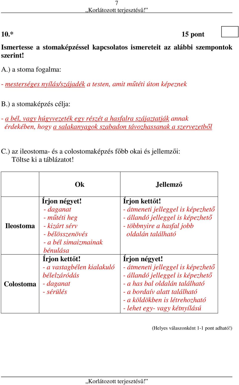 ) az ileostoma- és a colostomaképzés főbb okai és jellemzői: Töltse ki a táblázatot! Ileostoma Colostoma Ok Írjon négyet!