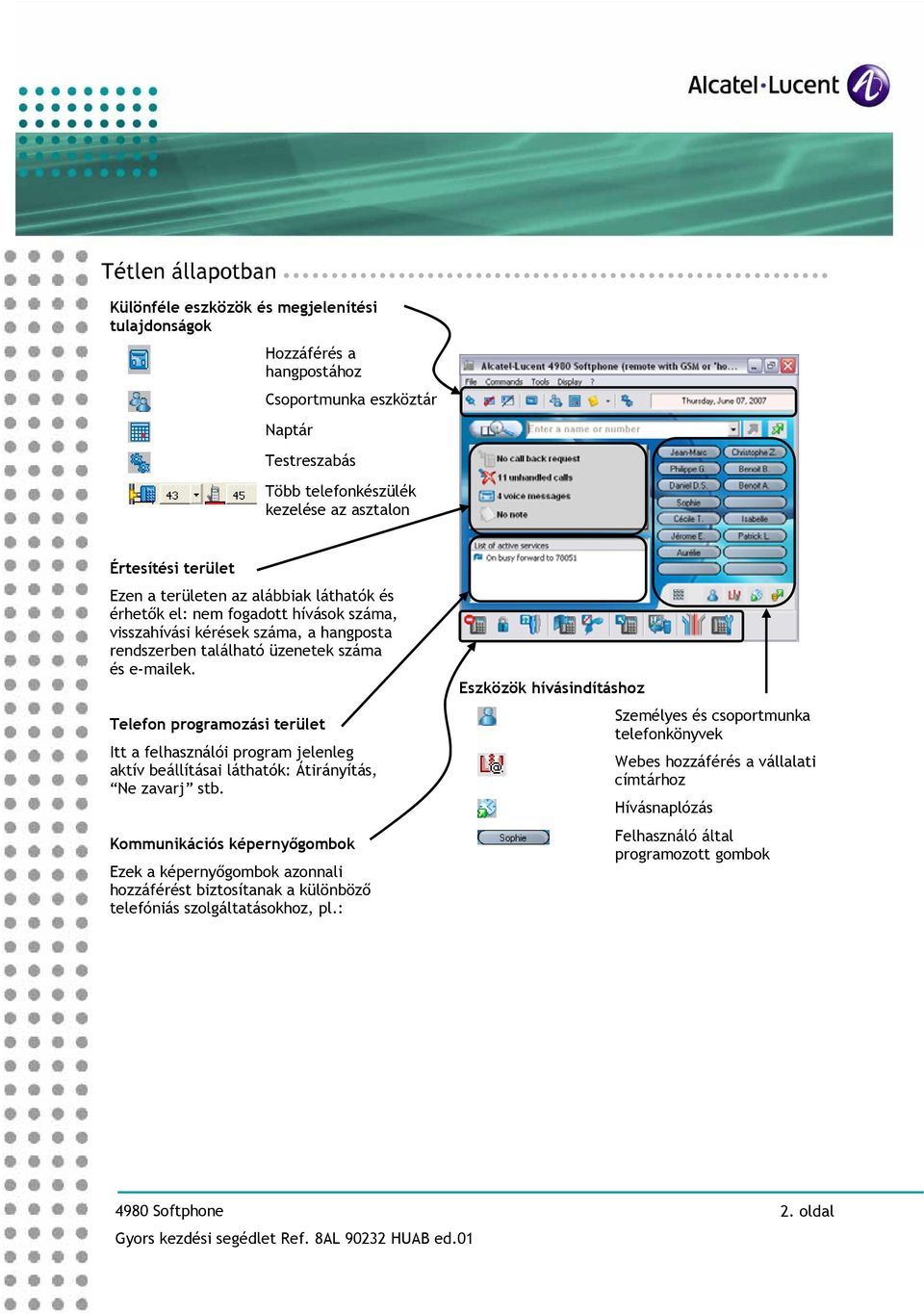 Telefon programozási terület Itt a felhasználói program jelenleg aktív beállításai láthatók: Átirányítás, Ne zavarj stb.