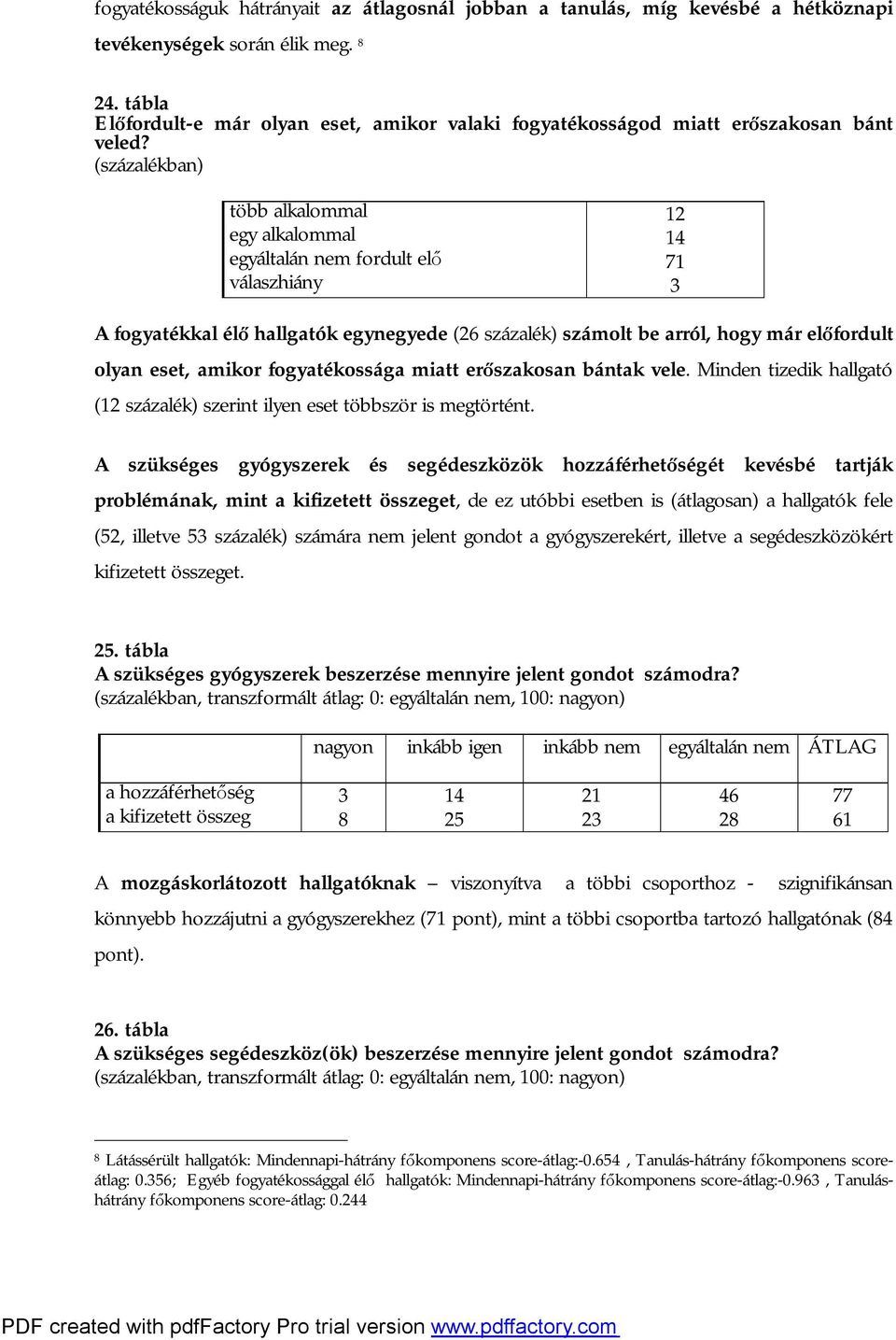 (százalékban) több alkalommal 12 egy alkalommal 14 egyáltalán nem fordult elő 71 válaszhiány 3 A fogyatékkal élő hallgatók egynegyede (26 százalék) számolt be arról, hogy már előfordult olyan eset,