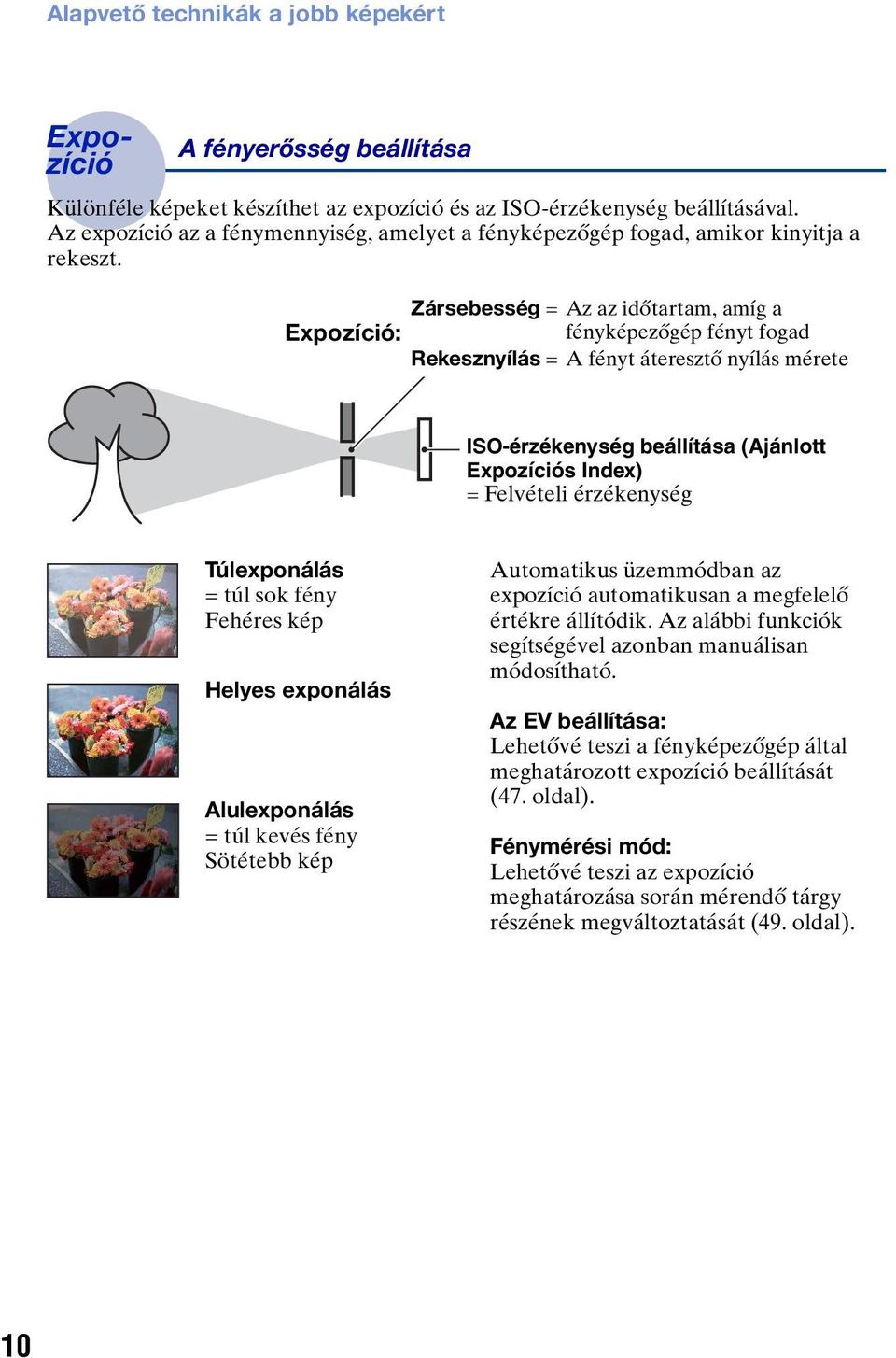 Zársebesség = Az az időtartam, amíg a Expozíció: fényképezőgép fényt fogad Rekesznyílás = A fényt áteresztő nyílás mérete ISO-érzékenység beállítása (Ajánlott Expozíciós Index) = Felvételi