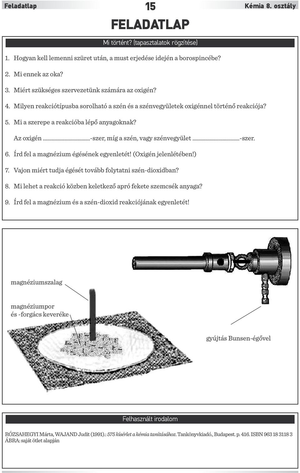 Az oxigén -szer, míg a szén, vagy szénvegyület -szer. 6. Írd fel a magnézium égésének egyenletét! (Oxigén jelenlétében!) 7. Vajon miért tudja égését tovább folytatni szén-dioxidban? 8.