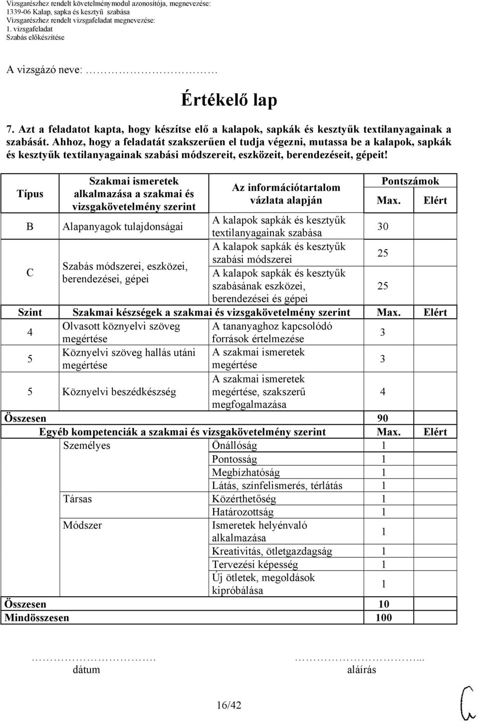 Típus Szakmai ismeretek a szakmai és vizsgakövetelmény szerint Az információtartalom vázlata alapján Pontszámok Max.