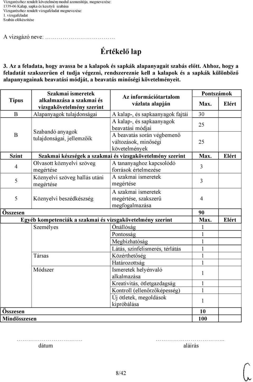 Típus Szakmai ismeretek a szakmai és vizsgakövetelmény szerint Az információtartalom vázlata alapján Pontszámok Max.