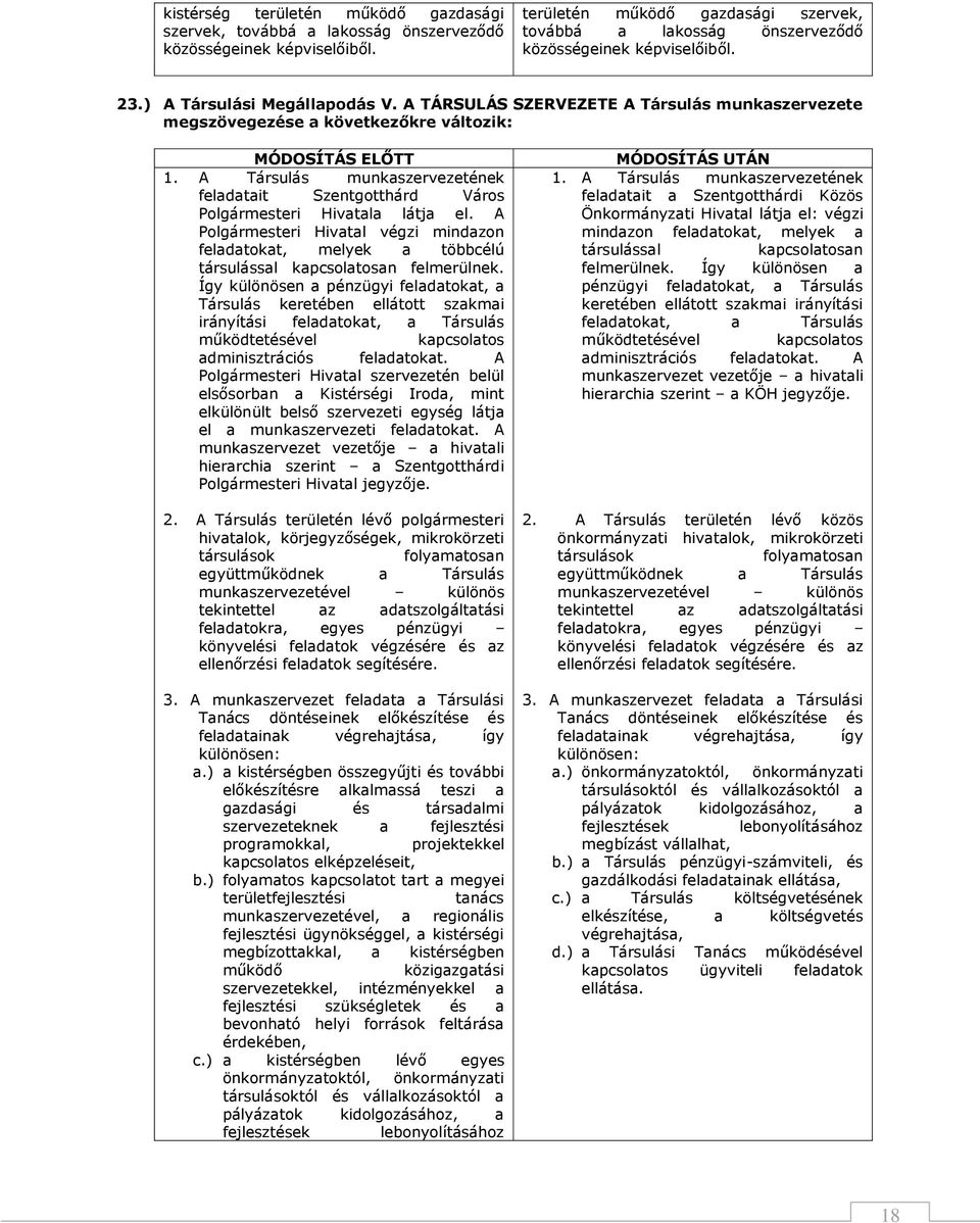 A TÁRSULÁS SZERVEZETE A Társulás munkaszervezete megszövegezése a következőkre változik: 1. A Társulás munkaszervezetének feladatait Szentgotthárd Város Polgármesteri Hivatala látja el.