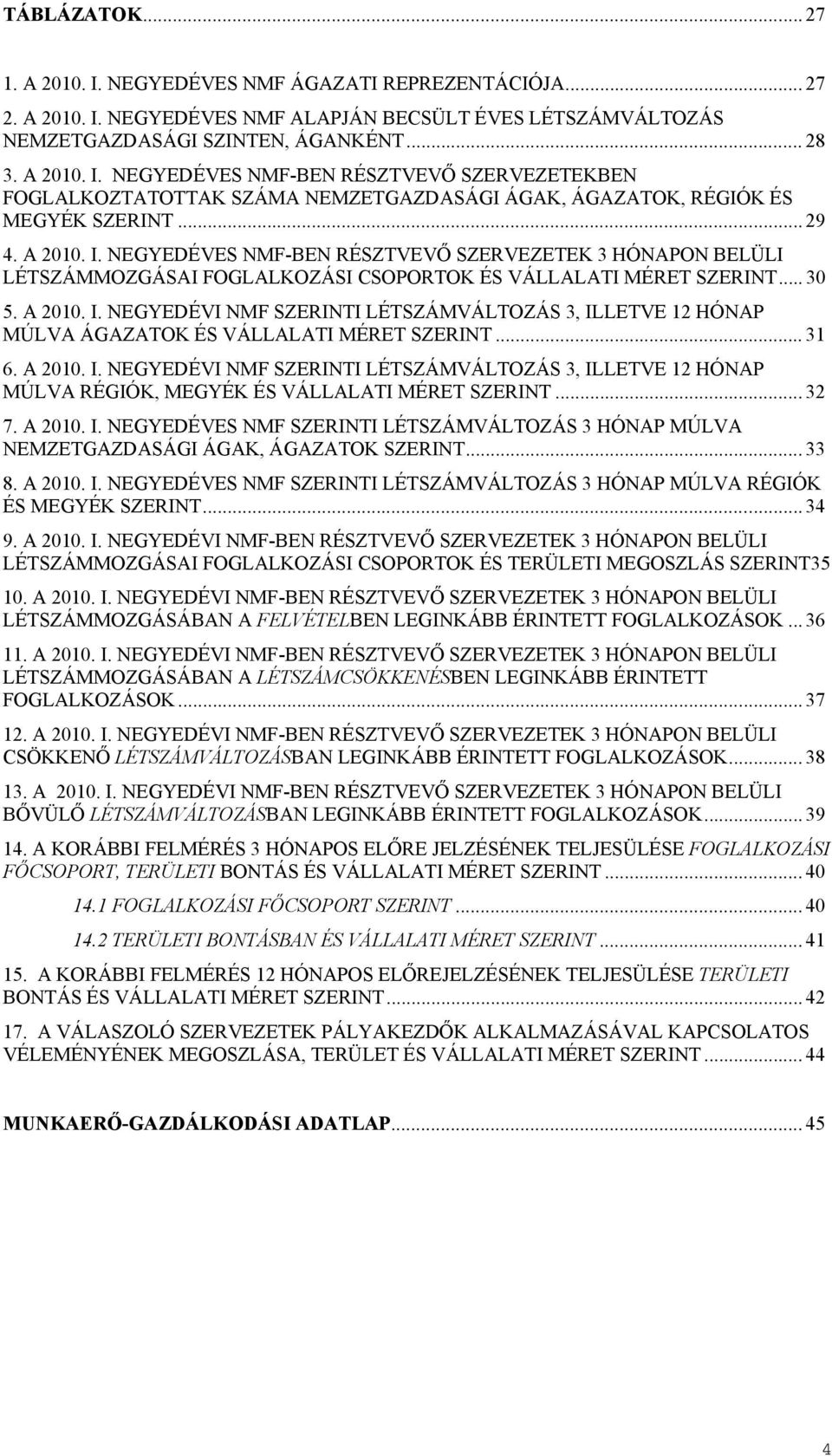 .. 31 6. A 2010. I. NEGYEDÉVI NMF SZERINTI LÉTSZÁMVÁLTOZÁS 3, ILLETVE 12 HÓNAP MÚLVA RÉGIÓK, MEGYÉK ÉS VÁLLALATI MÉRET SZERINT... 32 7. A 2010. I. NEGYEDÉVES NMF SZERINTI LÉTSZÁMVÁLTOZÁS 3 HÓNAP MÚLVA NEMZETGAZDASÁGI ÁGAK, ÁGAZATOK SZERINT.