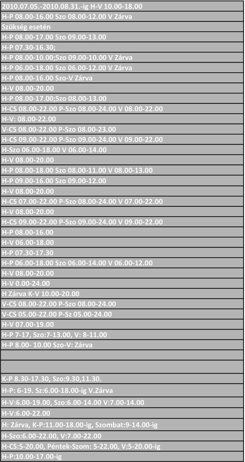 00 H-CS 09.00-22.00 P-Szo 09.00-24.00 V 09.00-22.00 H-Szo 06.00-18.00 V 06.00-14.00 H-V 08.00-20.00 H-P 08.00-18.00 Szo 08.00-11.00 V 08.00-13.00 H-P 09.00-16.00 Szo 09.00-12.00 H-V 08.00-20.00 H-CS 07.