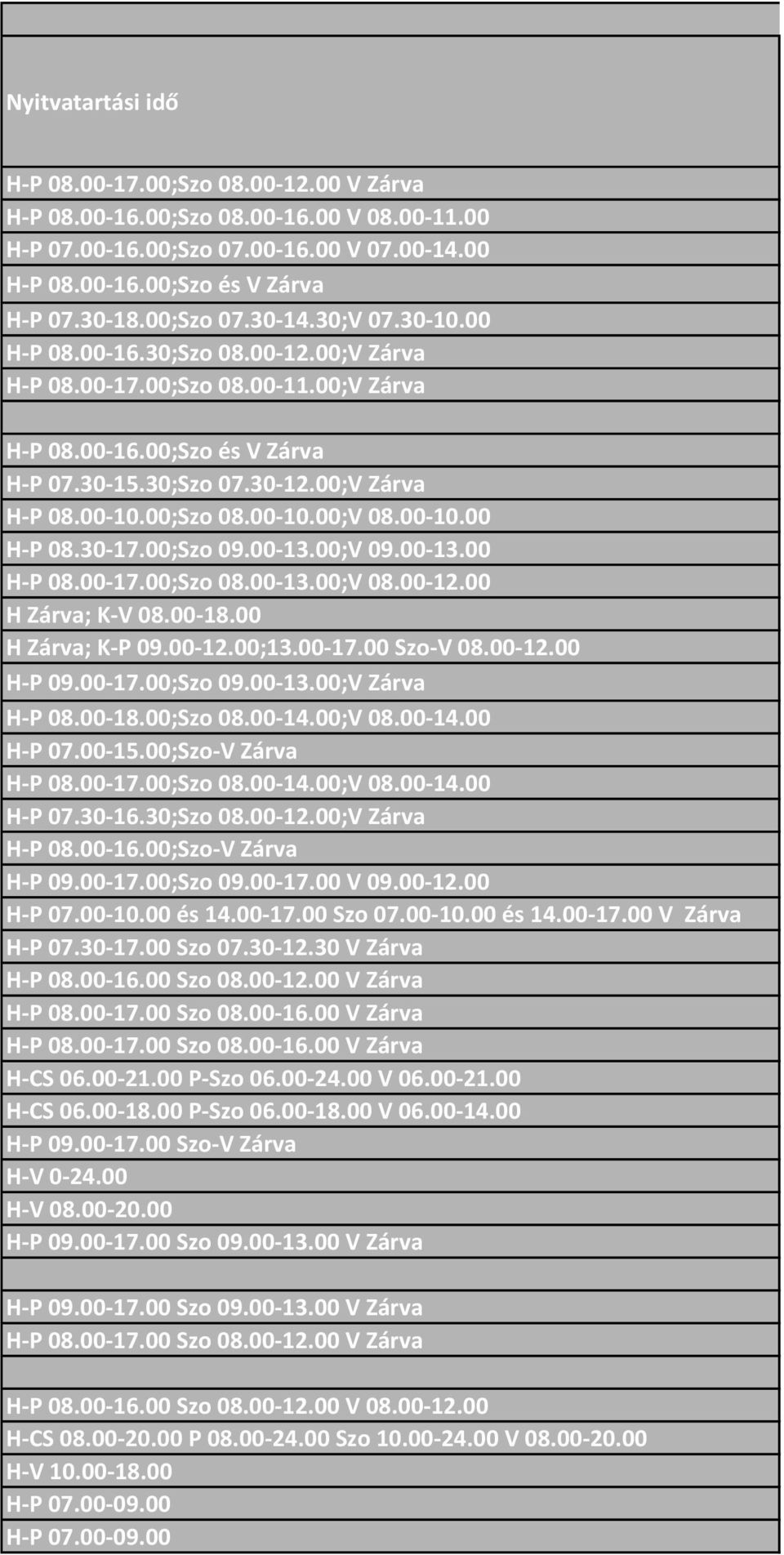 00;Szo 08.00-10.00;V 08.00-10.00 H-P 08.30-17.00;Szo 09.00-13.00;V 09.00-13.00 H-P 08.00-17.00;Szo 08.00-13.00;V 08.00-12.00 H Zárva; K-V 08.00-18.00 H Zárva; K-P 09.00-12.00;13.00-17.00 Szo-V 08.