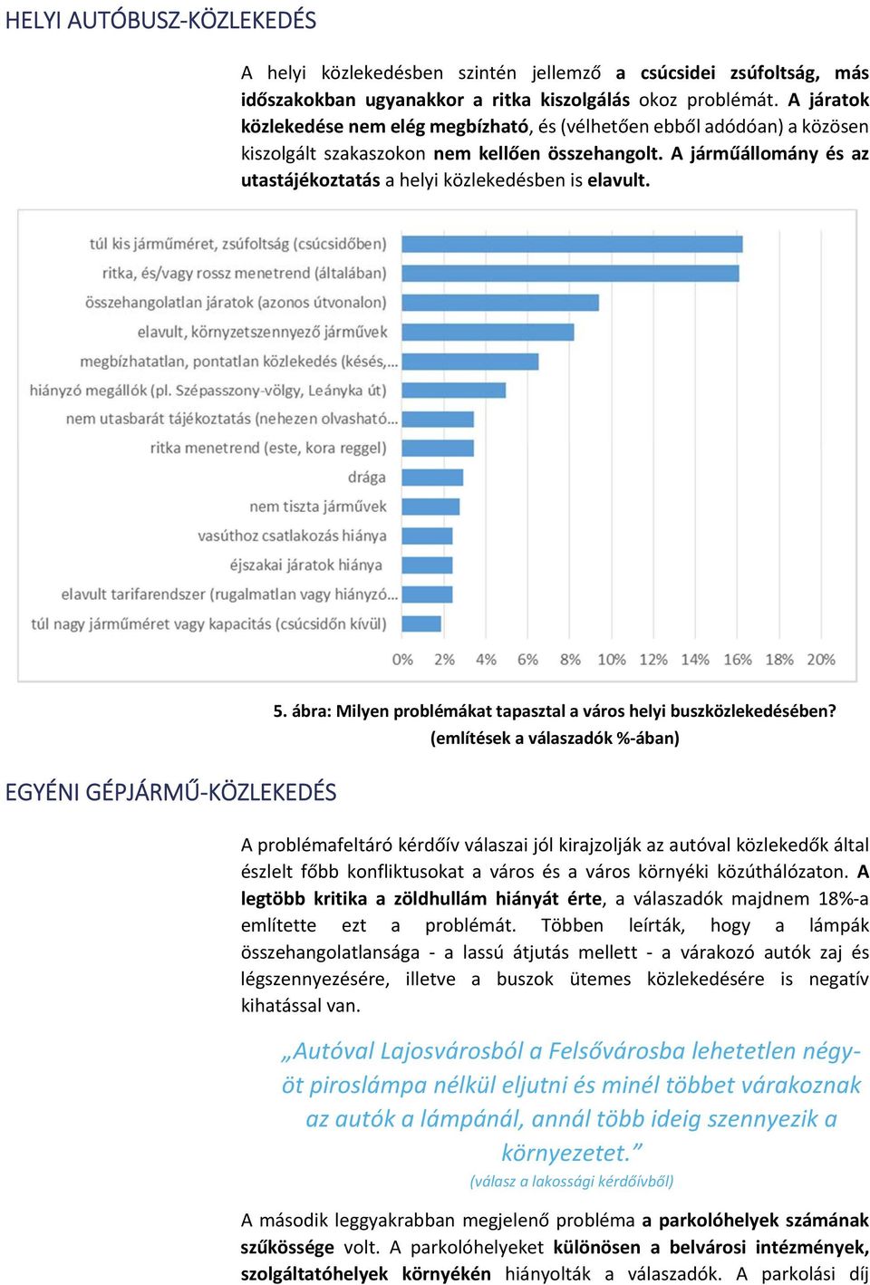 A járműállomány és az utastájékoztatás a helyi közlekedésben is elavult. EGYÉNI GÉPJÁRMŰ KÖZLEKEDÉS 5. ábra: Milyen problémákat tapasztal a város helyi buszközlekedésében?
