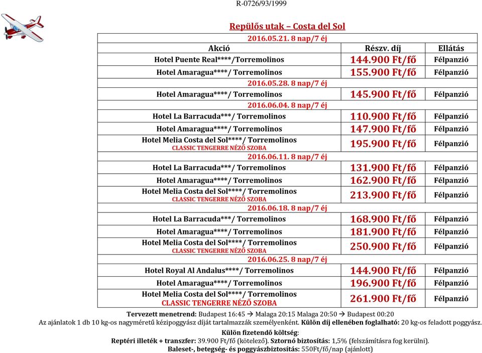 900 Ft/fő Hotel Melia Costa del Sol****/ Torremolinos CLASSIC TENGERRE NÉZŐ SZOBA 195.900 Ft/fő 2016.06.11. 8 nap/7 éj Hotel La Barracuda***/ Torremolinos 131.