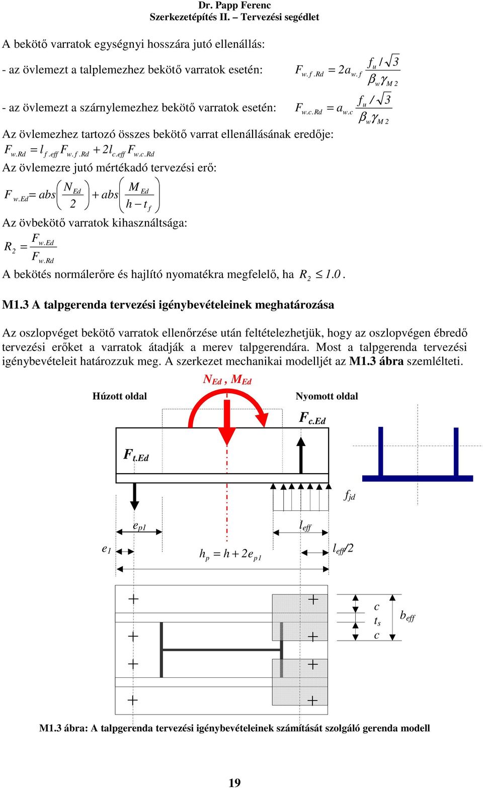 abs abs 2 h t f Az övbekötő varratok kihasználtsága: Fw. R2 F w. Rd 2a a A bekötés normálerőre és hajlító nyomatékra megfelelő, ha R 2 1. 0. M1.