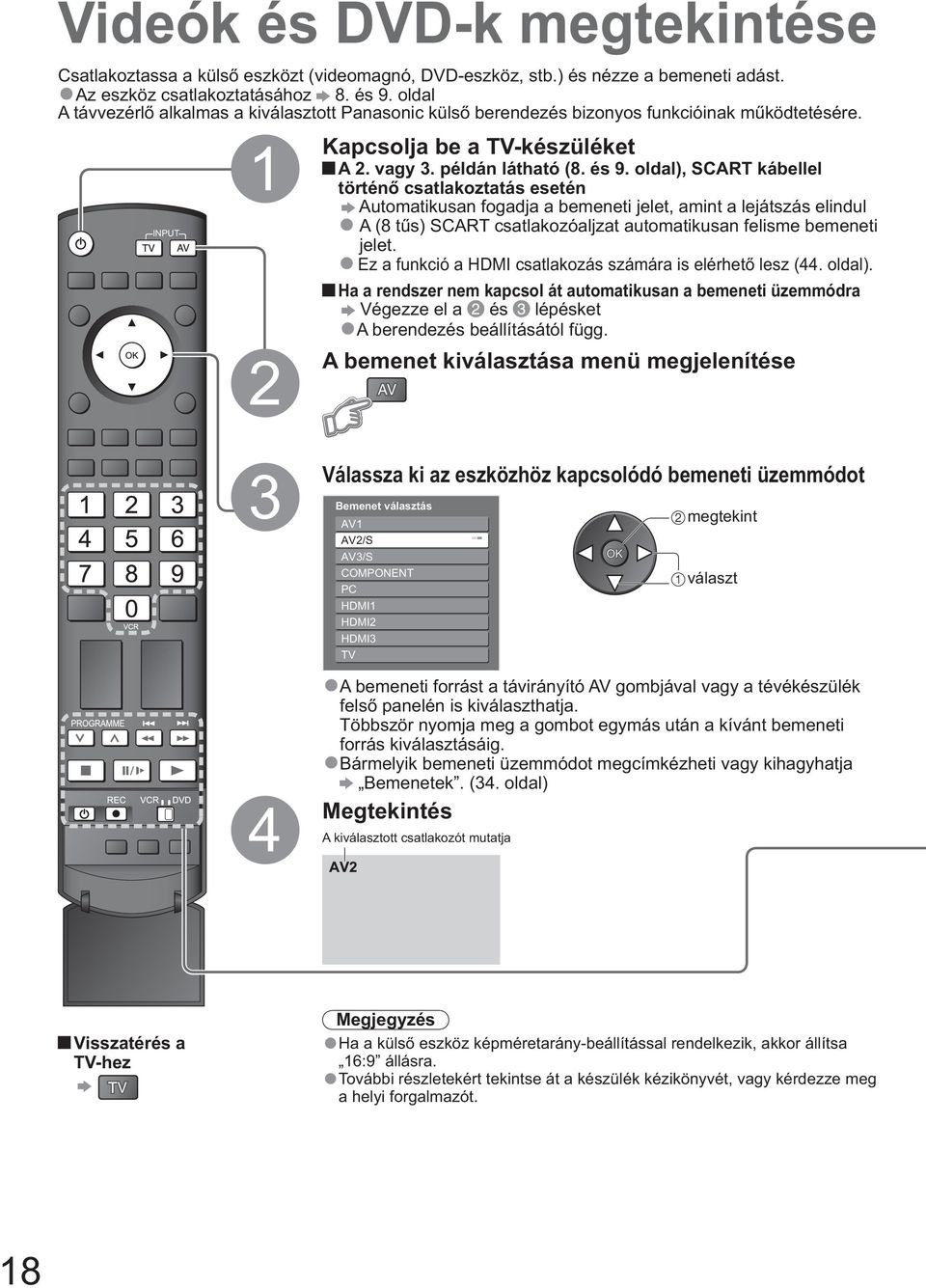 oldal), SCART kábellel történ csatlakoztatás esetén Automatikusan fogadja a bemeneti jelet, amint a lejátszás elindul A (8 t s) SCART csatlakozóaljzat automatikusan felisme bemeneti jelet.