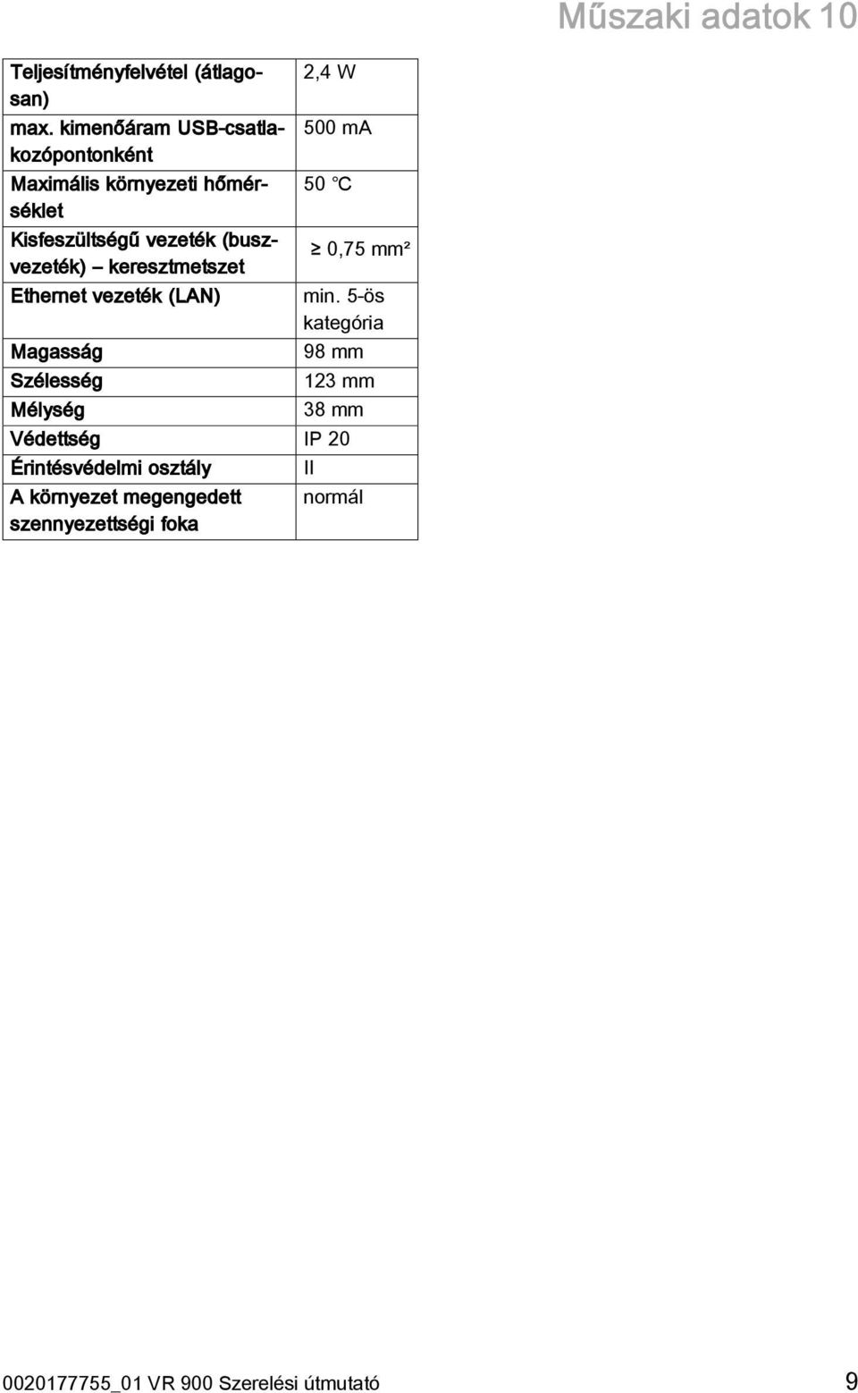 keresztmetszet Ethernet vezeték (LAN) Magasság Szélesség Mélység 2,4 W 500 ma 50 0,75 mm² min.
