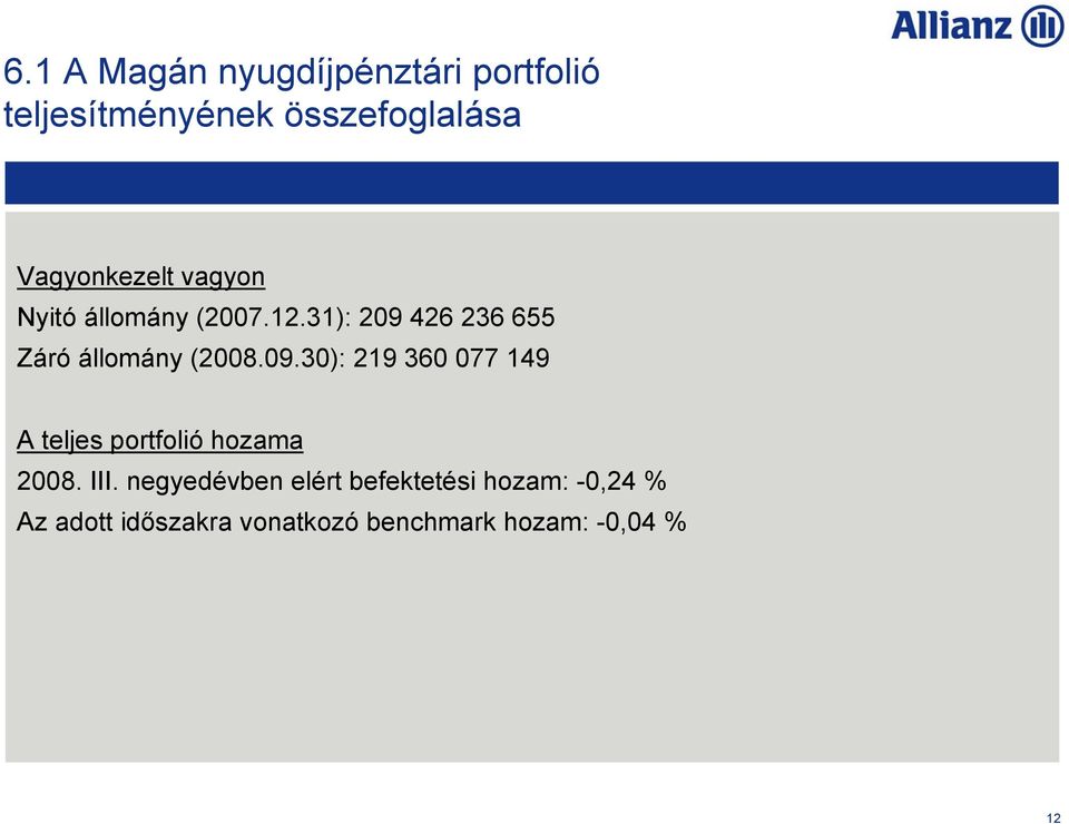 31): 209 426 236 655 Záró állomány (2008.09.30): 219 360 077 149 A teljes portfolió hozama 2008.