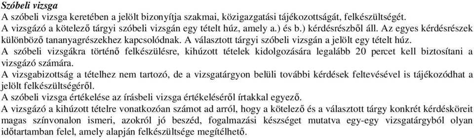 A szóbeli vizsgákra történő felkészülésre, kihúzott tételek kidolgozására legalább 20 percet kell biztosítani a vizsgázó számára.