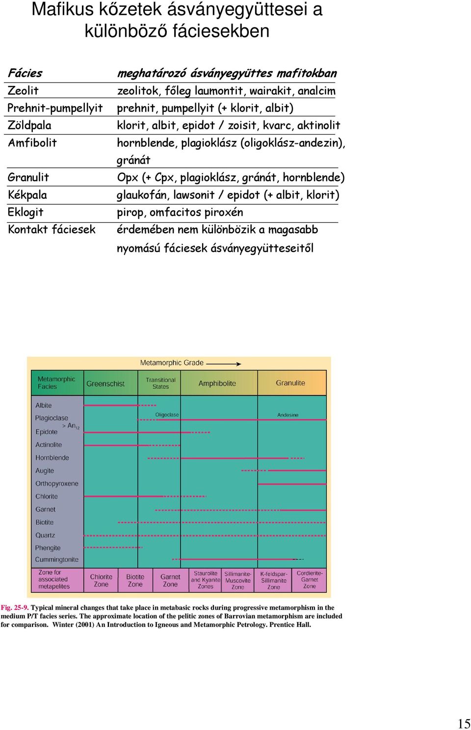 gránát, hornblende) glaukofán, lawsonit / epidot (+ albit, klorit) pirop, omfacitos piroxén érdemében nem különbözik a magasabb nyomású fáciesek ásványegyütteseitıl Fig. 25-9.