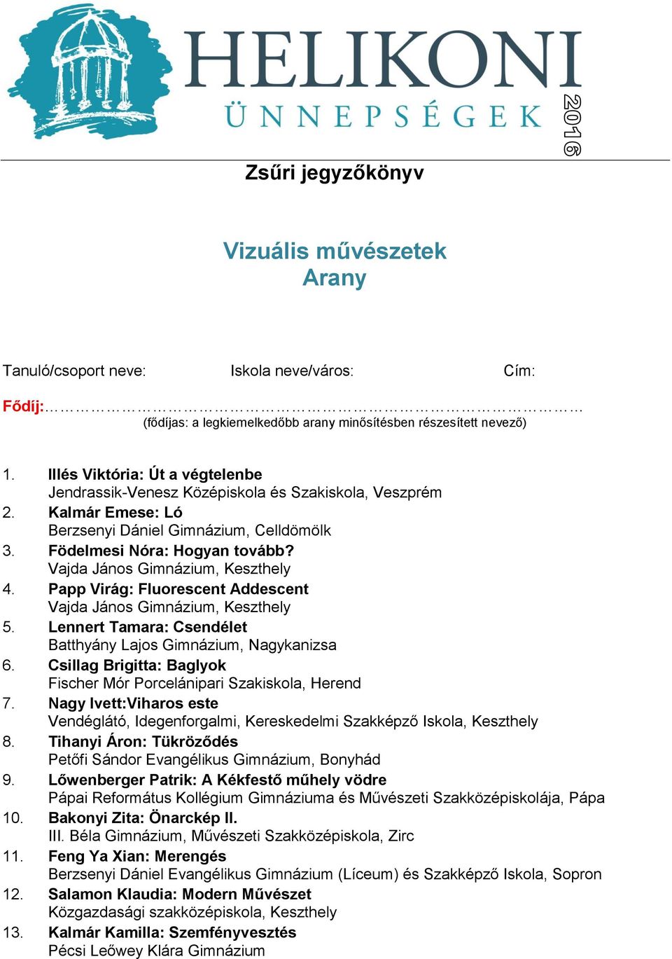 Csillag Brigitta: Baglyok Fischer Mór Porcelánipari Szakiskola, Herend 7. Nagy Ivett:Viharos este Vendéglátó, Idegenforgalmi, Kereskedelmi Szakképző Iskola, Keszthely 8.