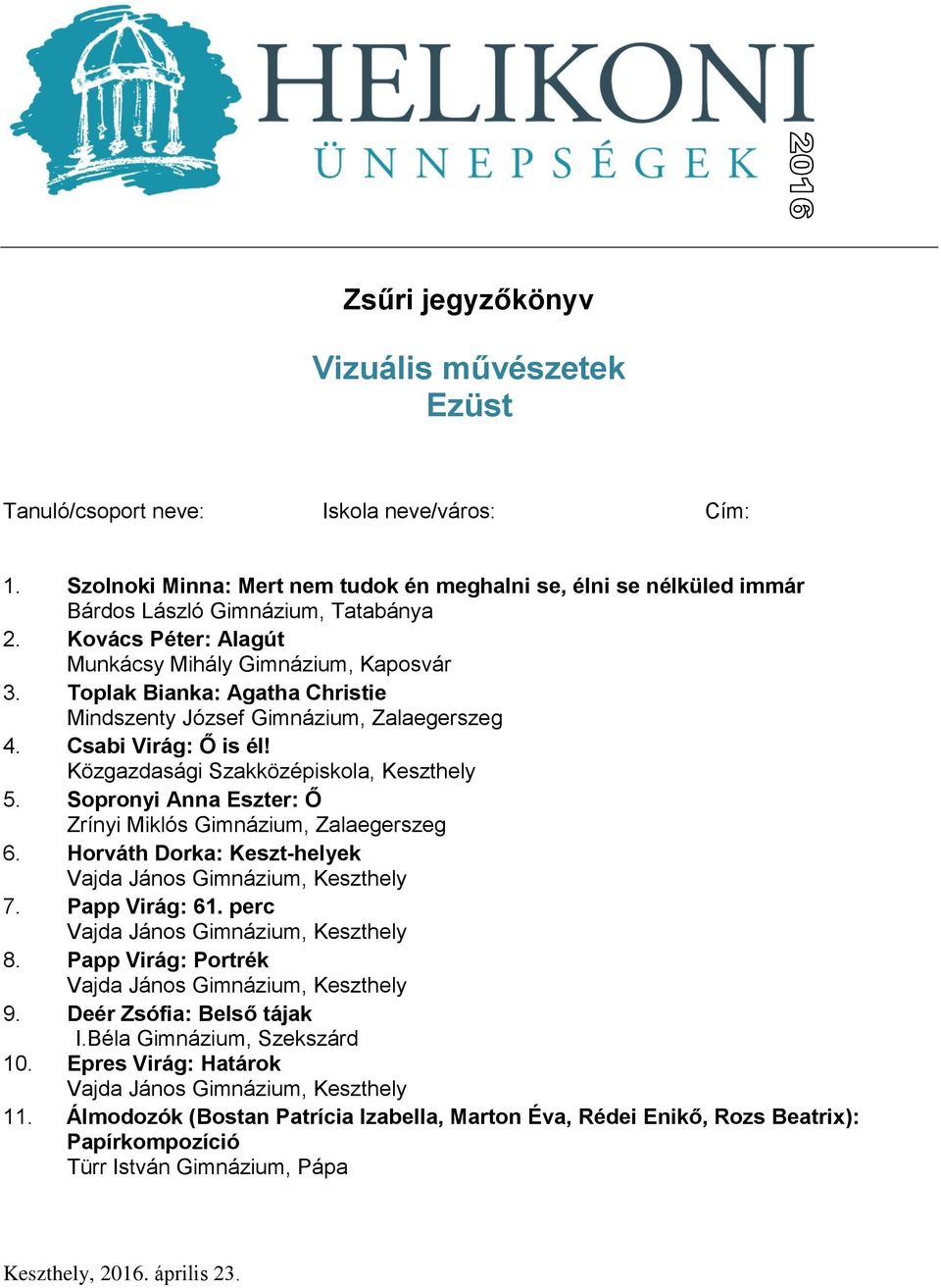 Közgazdasági Szakközépiskola, Keszthely 5. Sopronyi Anna Eszter: Ő Zrínyi Miklós Gimnázium, Zalaegerszeg 6. Horváth Dorka: Keszt-helyek 7. Papp Virág: 61. perc 8.