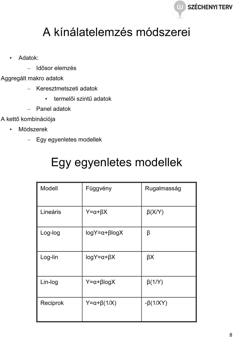 modellek Egy egyenletes modellek Modell Függvény Rugalmasság Lineáris Y=α+βX β(x/y)