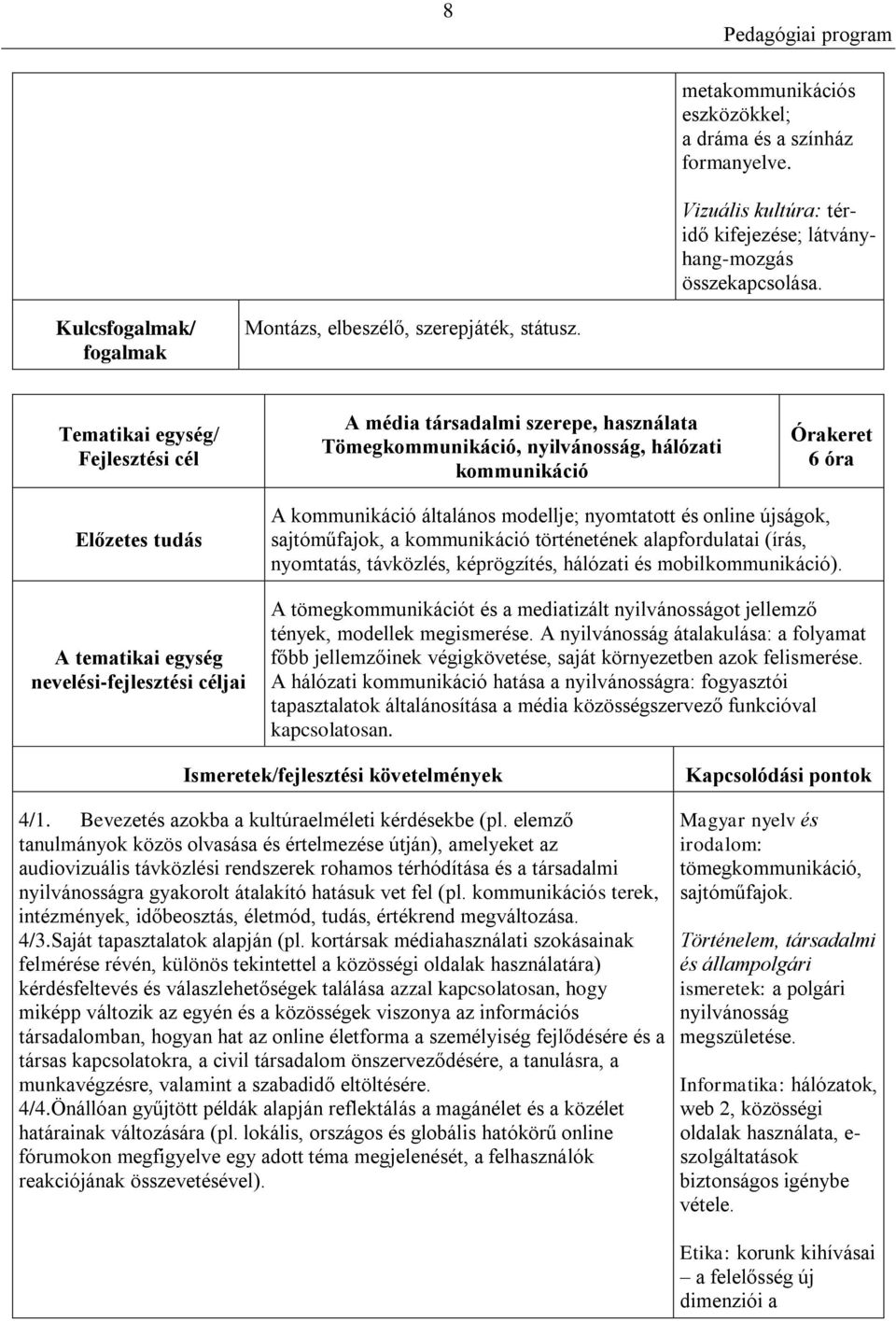 Tematikai egység/ Fejlesztési cél Tömegkommunikáció, nyilvánosság, hálózati kommunikáció Órakeret 6 óra Előzetes tudás A tematikai egység nevelési-fejlesztési céljai A kommunikáció általános