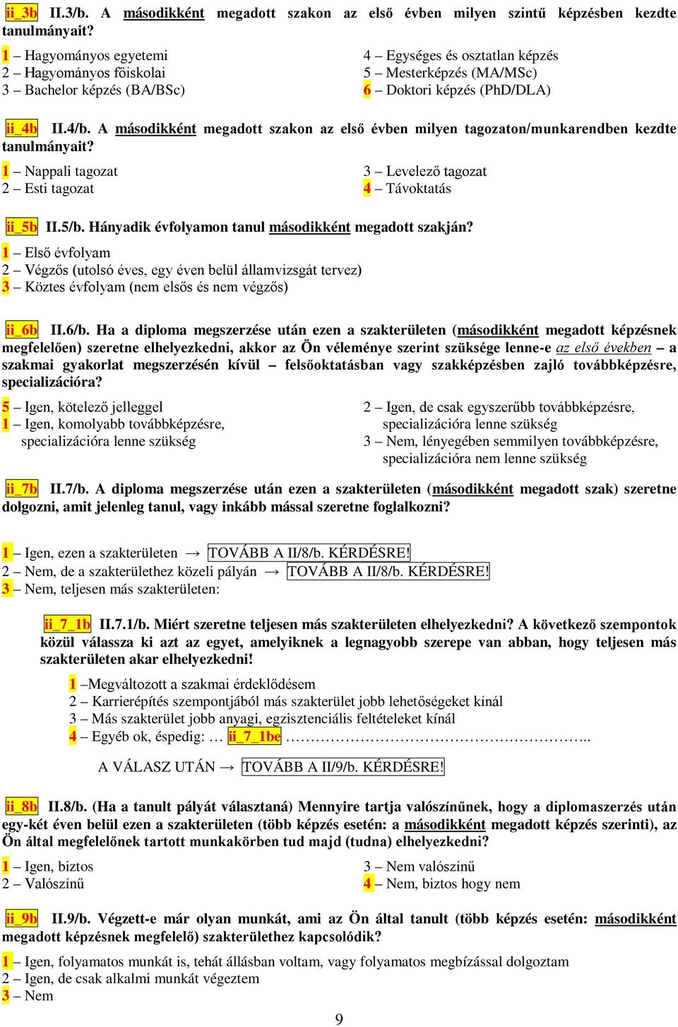 A másodikként megadott szakon az első évben milyen tagozaton/munkarendben kezdte tanulmányait? 1 Nappali tagozat 2 Esti tagozat 3 Levelező tagozat 4 Távoktatás ii_5b II.5/b.