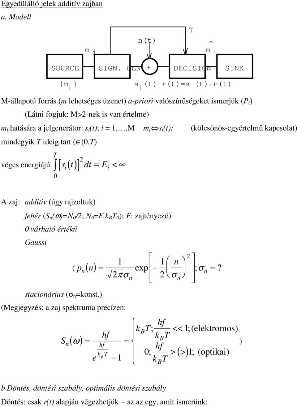 s (t);,,m m s (t); (kölcsöös-egyértelmű kapcsolat) mdegyk deg tart ( (,) [ ] véges eergájú s t dt E < A zaj: addtv (úgy rajzoltuk) fehér (S (ω)n /; N F.