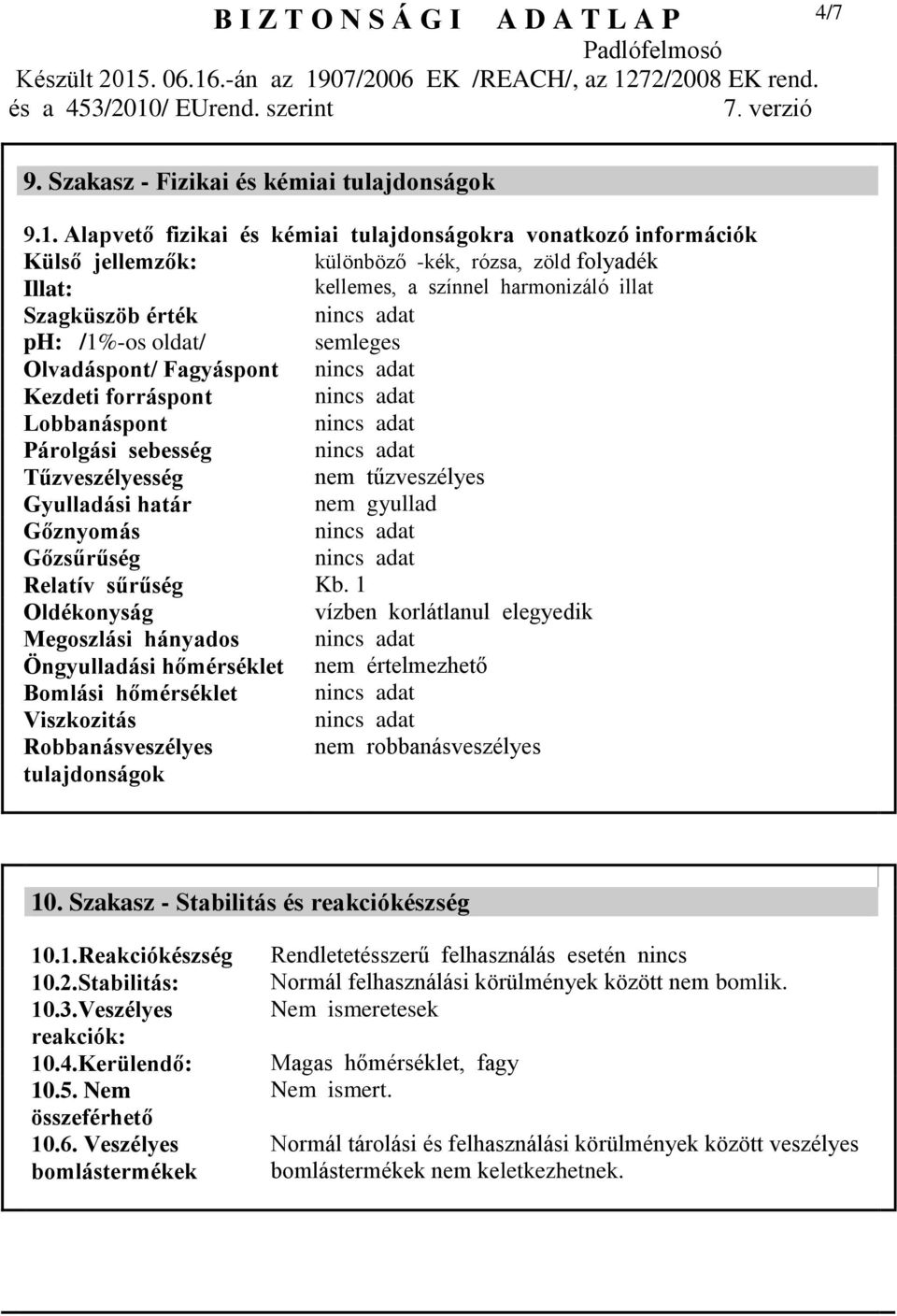 semleges Olvadáspont/ Fagyáspont Kezdeti forráspont Lobbanáspont Párolgási sebesség Tűzveszélyesség nem tűzveszélyes Gyulladási határ nem gyullad Gőznyomás Gőzsűrűség Relatív sűrűség Kb.