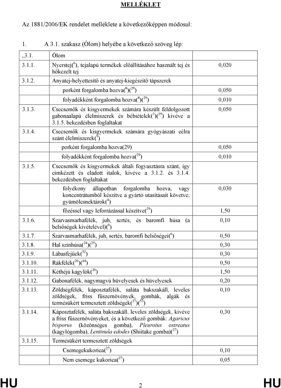 1.3. Csecsemők és kisgyermekek számára készült feldolgozott 0,050 gabonaalapú élelmiszerek és bébiételek( 3 )( 29 ) kivéve a 3.1.5. bekezdésben foglaltakat 3.1.4.