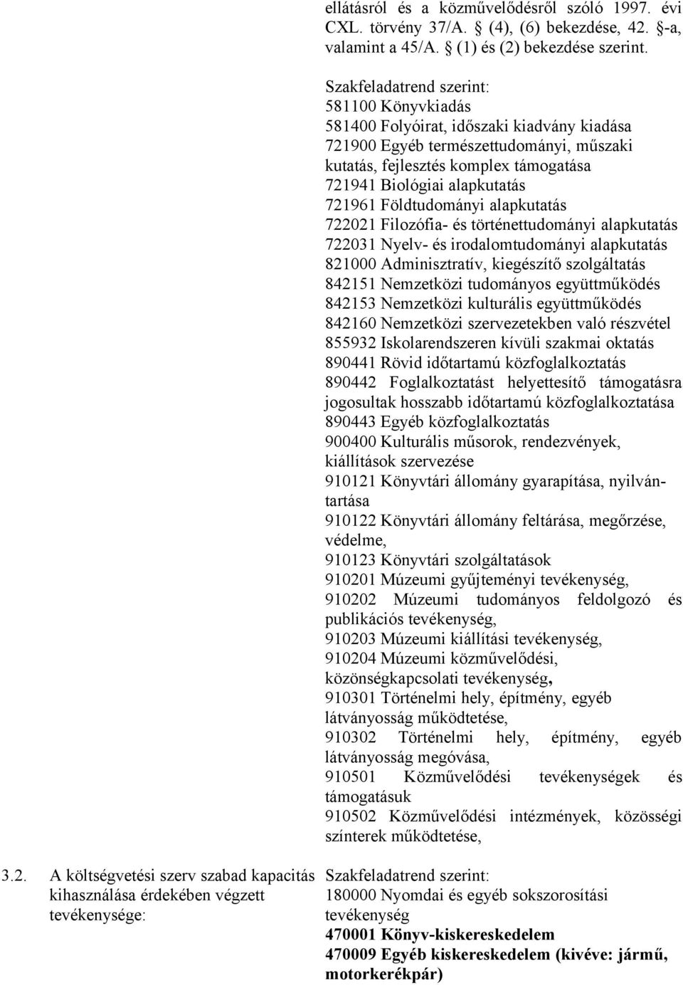 721961 Földtudományi alapkutatás 722021 Filozófia- és történettudományi alapkutatás 722031 Nyelv- és irodalomtudományi alapkutatás 821000 Adminisztratív, kiegészítő szolgáltatás 842151 Nemzetközi